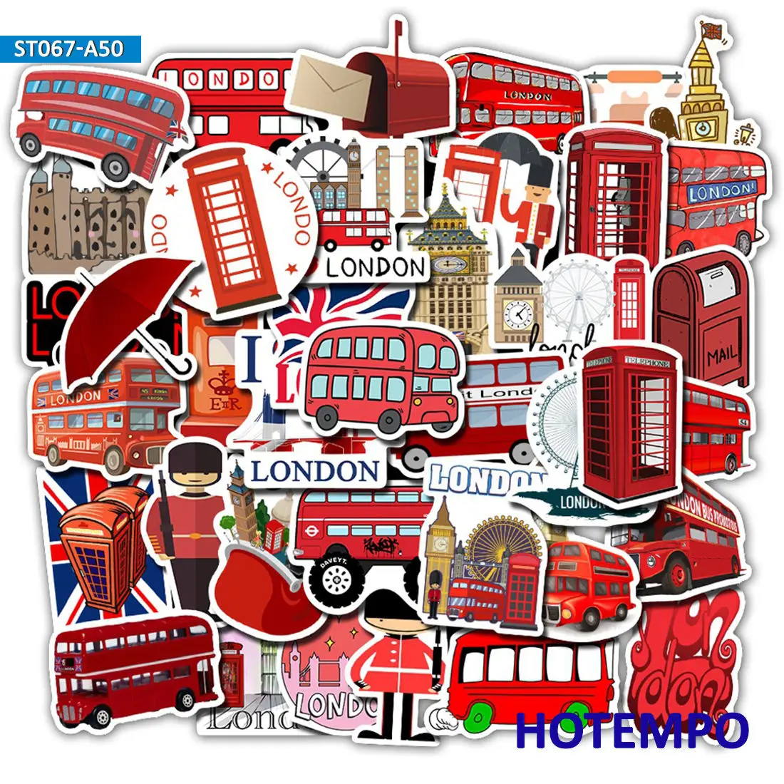 50pcs Red London Cultural Landmark Travel Style Cartoon Decal Stickers Pack for KIds DIY Stationery Phone Laptop Luggage Sticker