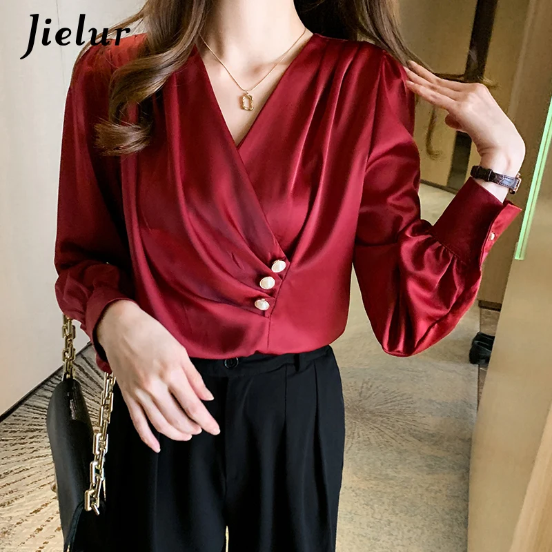 Jielur White Elegant V-neck Long Sleeve Women Shirts Fashion Office Ladies Red Tops Casual Solid Color Buttons Attractive Blouse