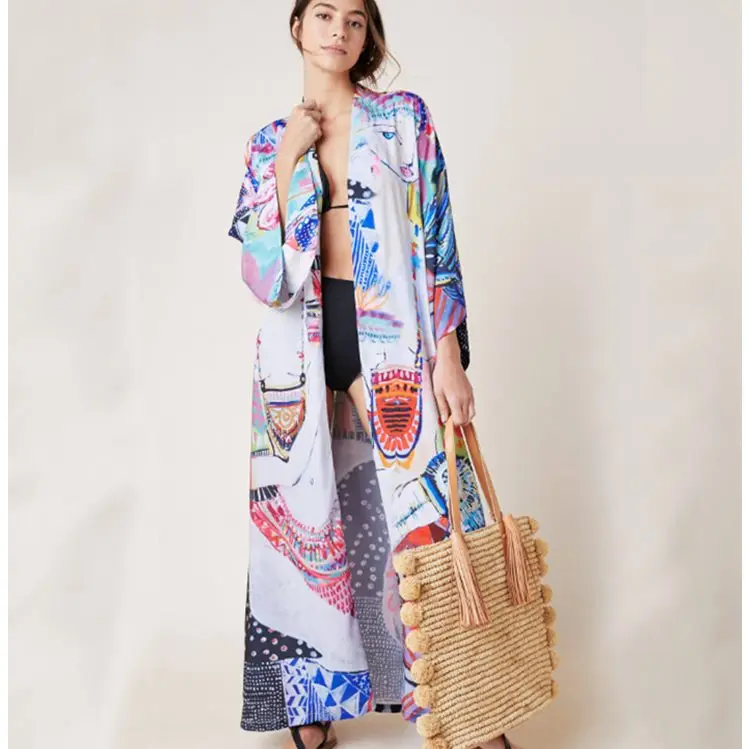 TEELYNN Boho Polyester Pop Printed Kimono Cardigan Tunic Women Blouse Shirt Summer Beach Bikini Cover Up Sarong Vestidos 2020