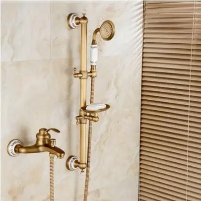 

Wall Mounted Classic Antique Bronze Bath Shower Faucet With Sliding Bar with Soap Holder Bathroom Rainfall Shower Faucet Set