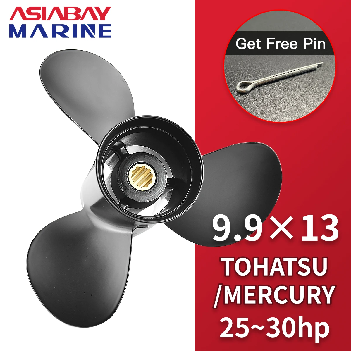Aluminum Alloy Propeller for Tohatsu Mercury Nissan Outboard - 9.9*13 Inch, 3 Blade,10 Spline - Fits 25-30 HP Boat Motors