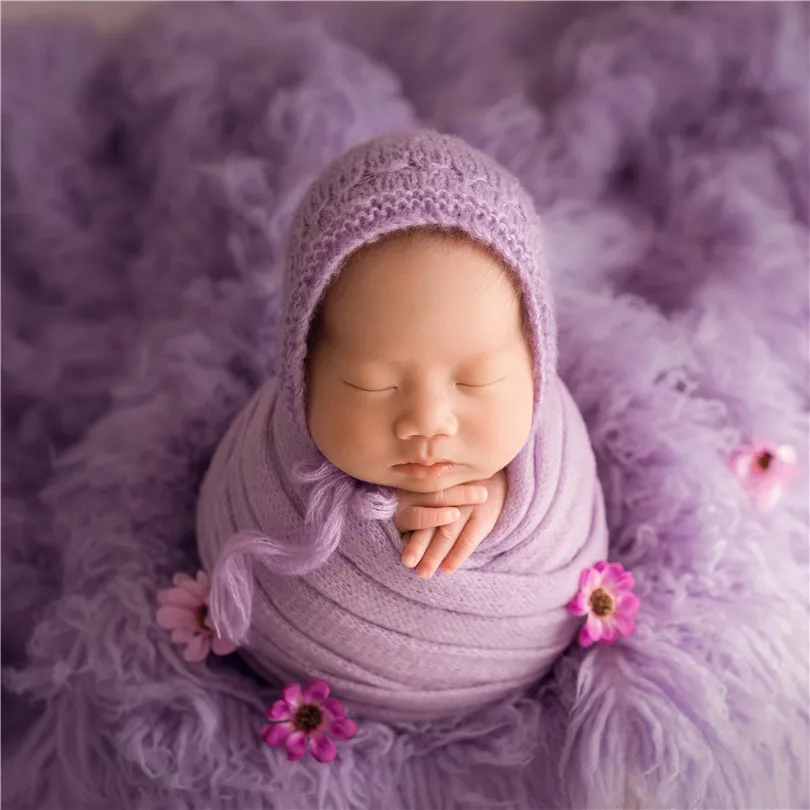 Malha Fuzzy Wrap e Orelhas Grandes Coelho Hat para Bebê Recém-Nascido, Foto Props, Stretch Wrap Bonnet Set, Adereços de Fotografia