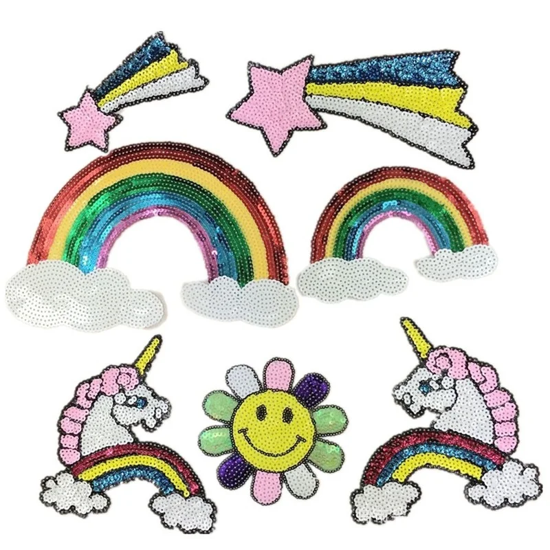 

20pcs/lot Sequins Embroidery Patches Unicorn Rainbow Sunflower Star Clothing Decoration Backpack Iron Heat Transfer Applique