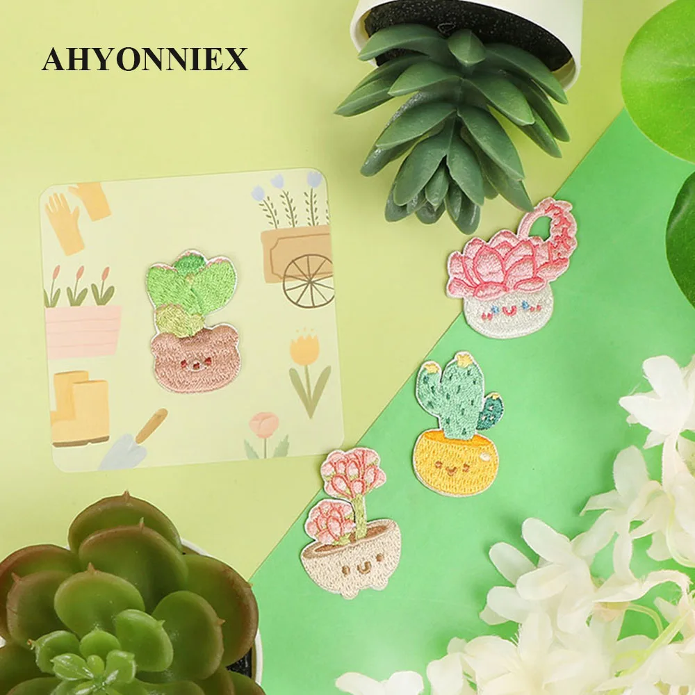 AHYONNIEX Cute Cactus Plant Embroidered Patches DIY Applique Embroidery Parches Fabric Stickers Iron On Patch for Clothes