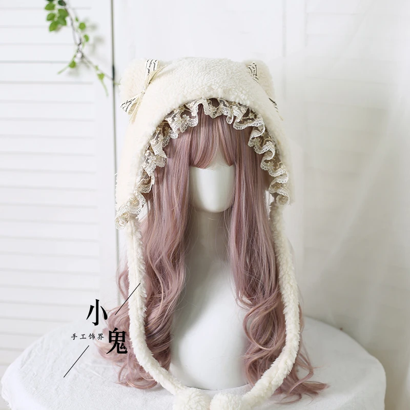 Soft Girl Lovely Lace Trim Lolita Daily Little Bear Ear Plush Warm Hat Harajuku Thicken Earmuffs Winter INS Bandage Fashion Cap