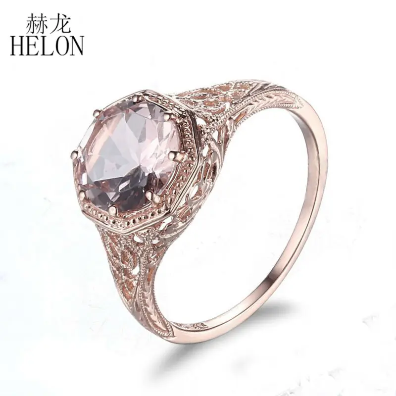 HELON Solid 14K Rose Gold AU585 Round Cut 8mm Genuine Morganite Engagement Wedding Ring Women Vintage Fine Jewelry