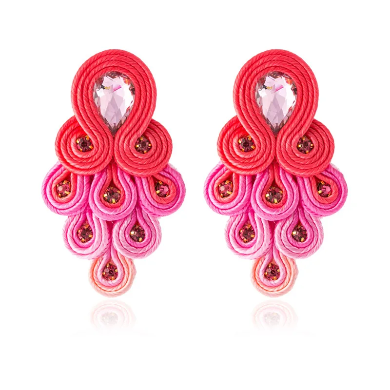 Handmade Fashion Soutache earrings for women Peacock Tail Shape Color Drop earring Crystal Decoration Ethnic boho jewelry 2021