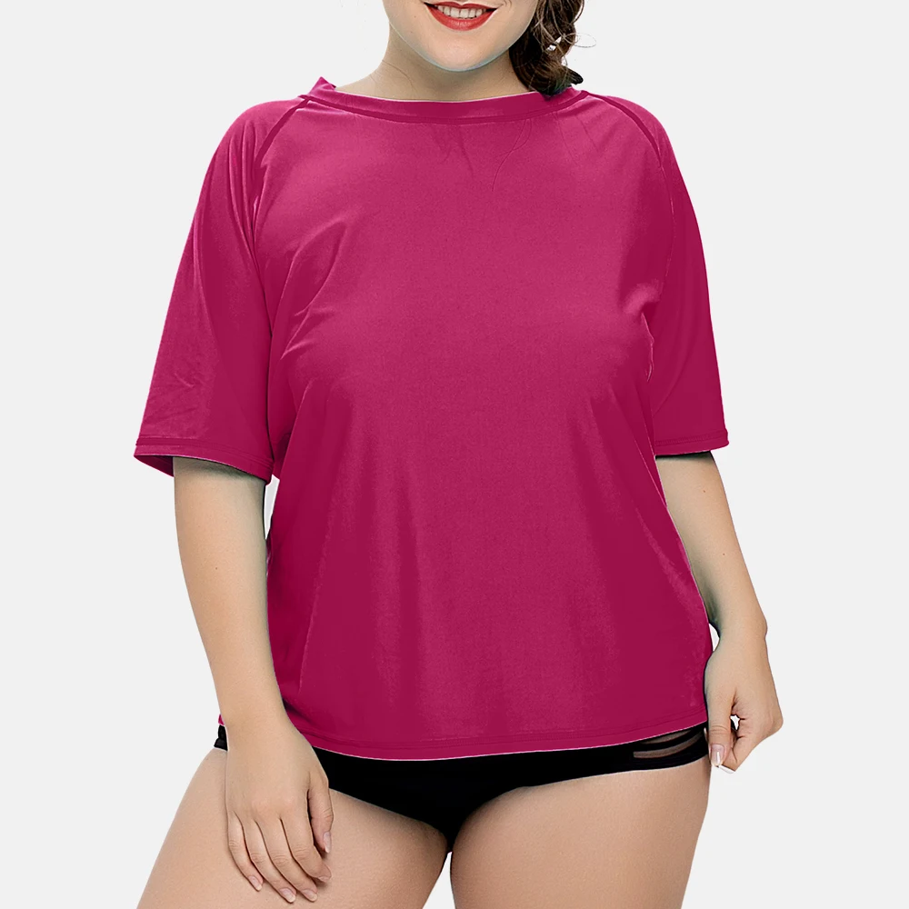 Anfilia Women\'s Plus Size Short Sleeve Rashguard Shirts UPF 50+ Swimwear Swimsuit UV-Protection Rash Guard Solid Beach Wear