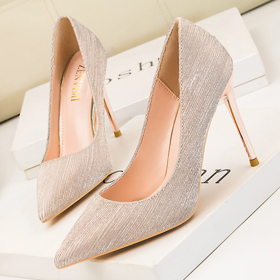 

Korean Fashion Shiny Wedding Shoes Women Pumps Pointy Toe Metal Heel Stiletto Shallow Female Sexy Banquet Shoes Dress High Heels