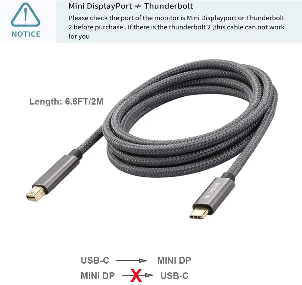 Кабель-Переходник USB C на Mini DisplayPort кабель Type-C для дисплейный порт MiniDP типа «адаптер 4K 6.6Ft/2m шнур порта Thunderbolt 3 для MacBook Pro 2018 iPad