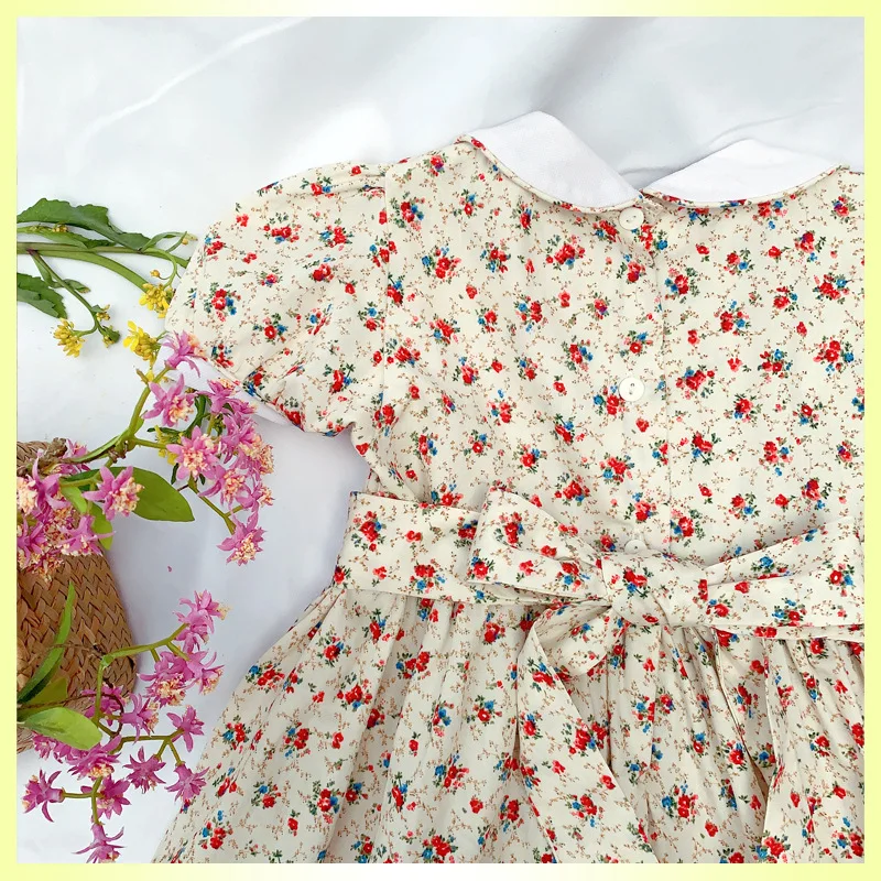 Kids Girls New summer dress vestidos 2024 girl princess floral vintage dress for 3-7 years children Handmade smocked dresses