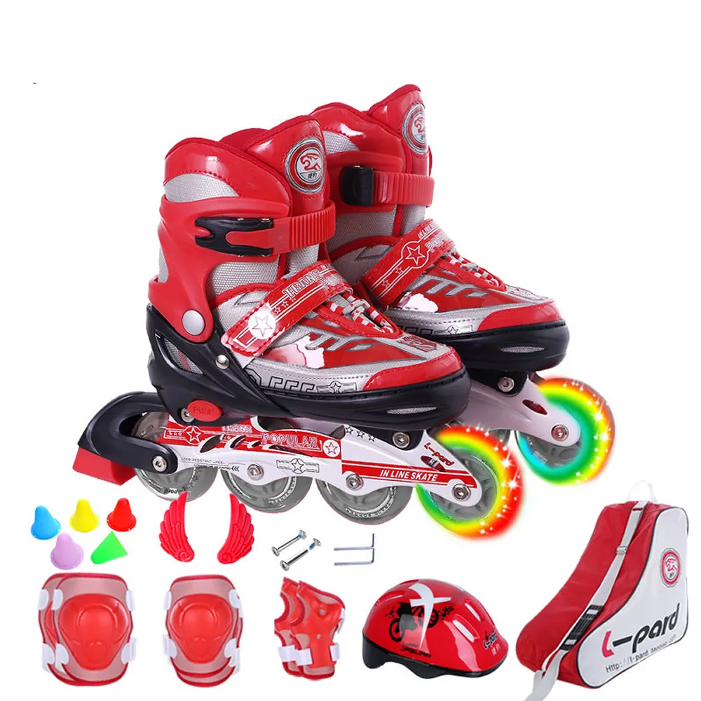 Children 4 Wheels Roller Skates Adjustable Flashing Skating Shoes Beginners Anti-Fall Inline Skates With Suit Kids Wheels Shoes