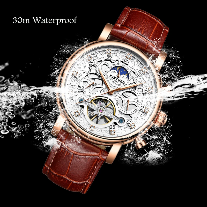 

KINYUED Men Sun Moon Phase Wrist Watch Male Skeleton Automatic Mechanical Watches Waterproof Business Watch for Men reloj hombre