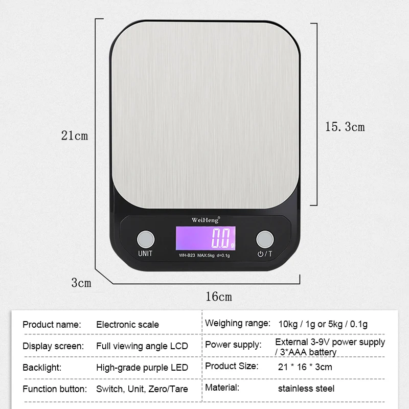 Imagem -03 - Escala de Peso Eletrônica de 3kg 5kg 10kg 0.1g 1g da Precisão Alta da Escala da Cozinha de Digitas com Backight para Cozinhar Aço Inoxidável