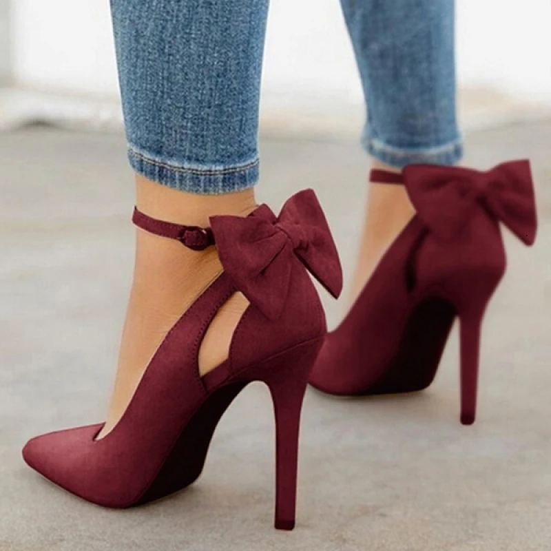 Sexy Women High Heels Pumps Shoes Pointed Toe Faux Suede Buckle Strap Butterfly Spring Autumn Party Wedding Ladies Shoes