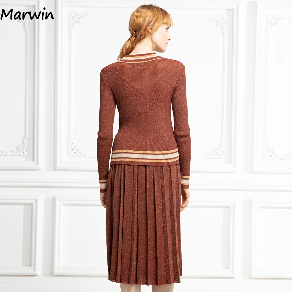 Marwin New-Coming Autumn Spring Warm Soft High Street Style Women\'s Sets Casual Mid-Calf Skirts Elastic Waist Silm Sweaters Sets