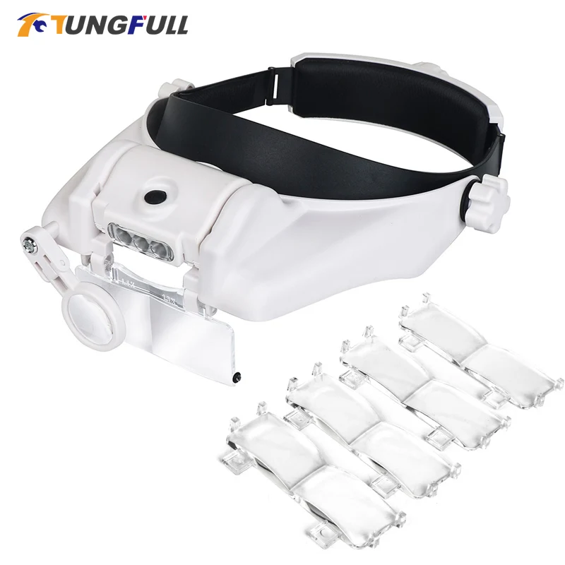 TUNGFULL okulary z lupą zegarmistrzowskie narzędzia naprawcze lupa do okularów LED pałąk lupa 1.5x 2x 2.5x 3x 3.5x 8