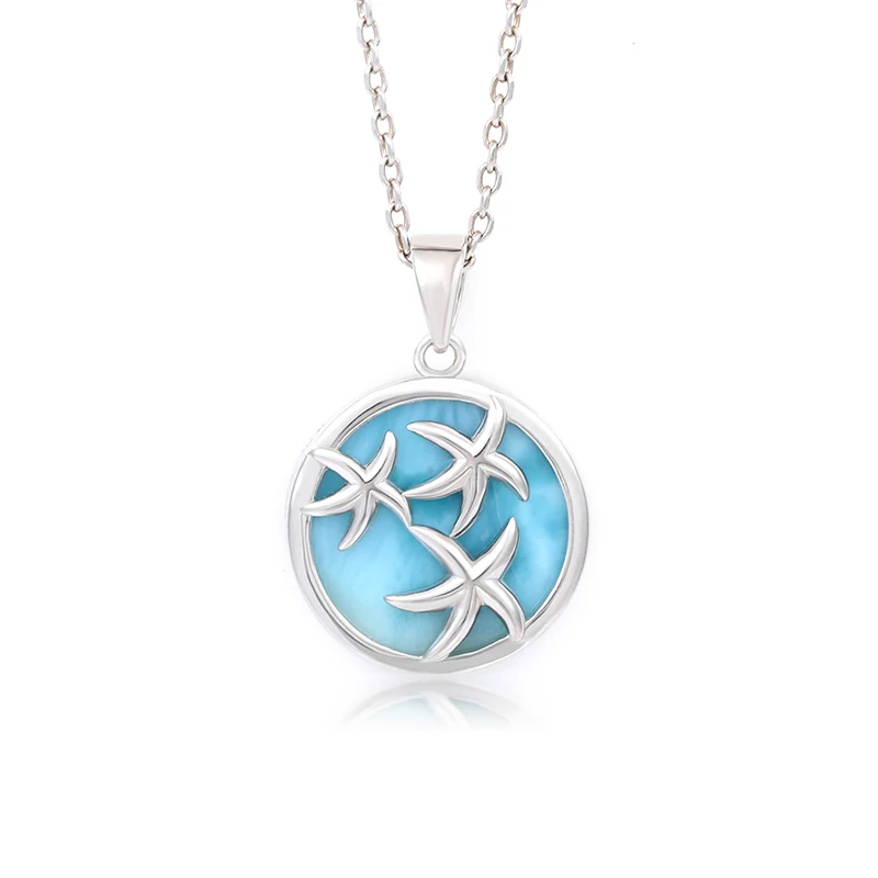 Sea Starfish Classic Charm 925 Sterling Silver Jewelry Gifts Natural Precious Dominica Larimar Pendant Necklace for Woman