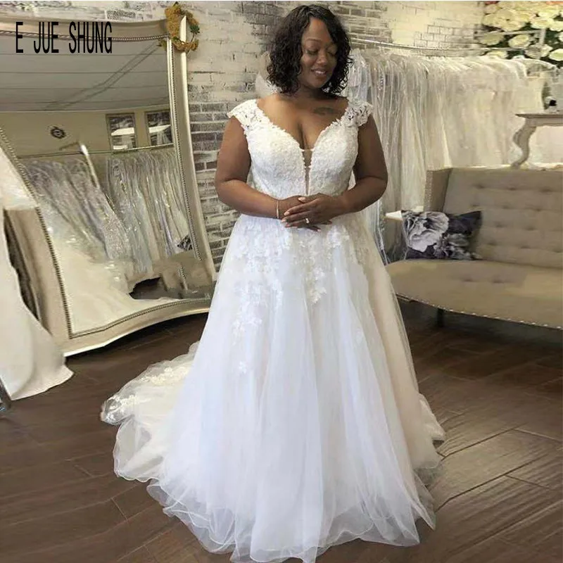 

E JUE SHUNG Elegant Tulle Wedding Dresses Sheer V-Neck Backless Wedding Gowns Lace Appliques Bride Dresses vestido de noiva