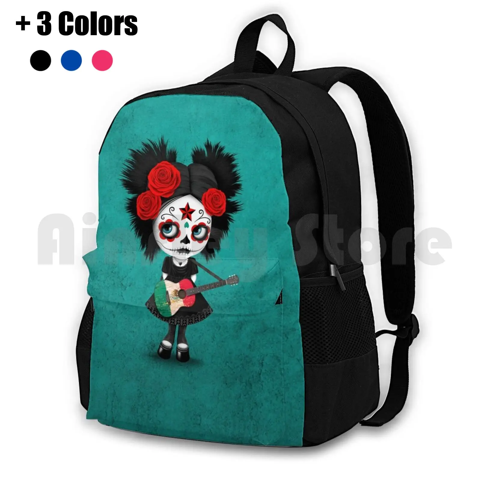 Sugar Skull Girl Playing Mexican Flag Guitar Outdoor Hiking Backpack Riding Climbing Sports Bag Day Of The Dead Girl Mexican