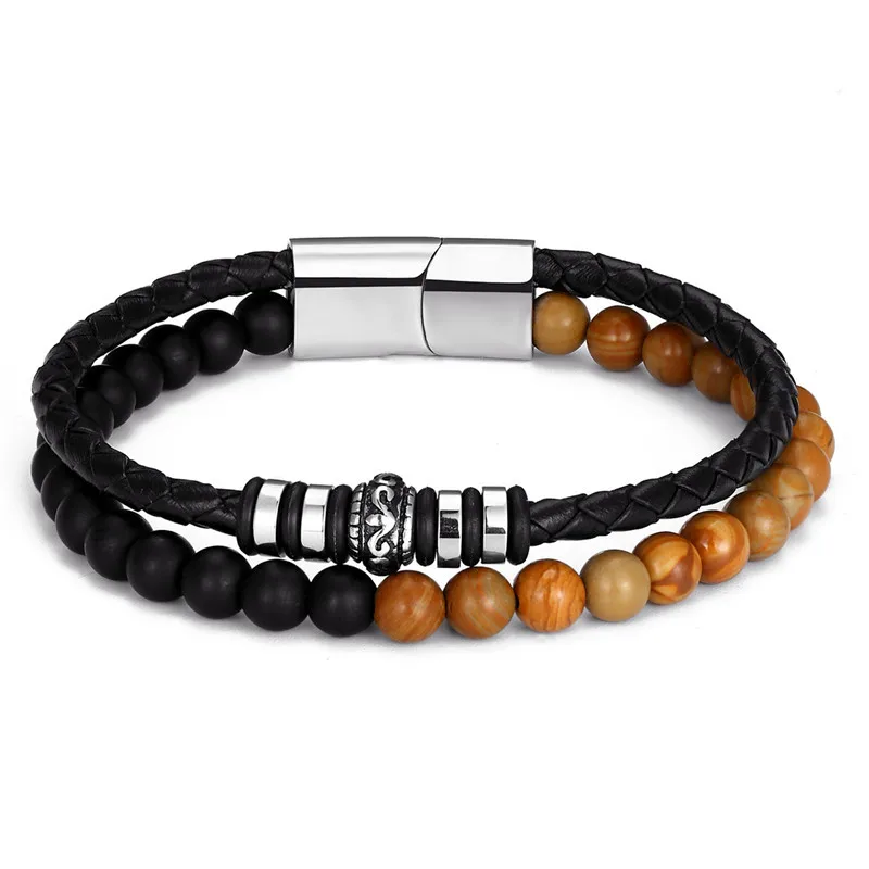 MKENDN  Men Natural Stone Genuine Braided Leather Bracelet  Stainless Steel Magnetic Clasp Iapis lazuli Bead Bracelet Jewelry