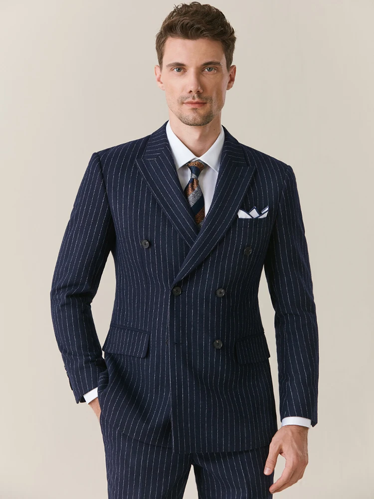 50% Wool Mens Suits Set Winter Thicken Warm Double Breasted Deep Blue Stripe Slim Wedding Groom Wear Business Man Daily Blazer