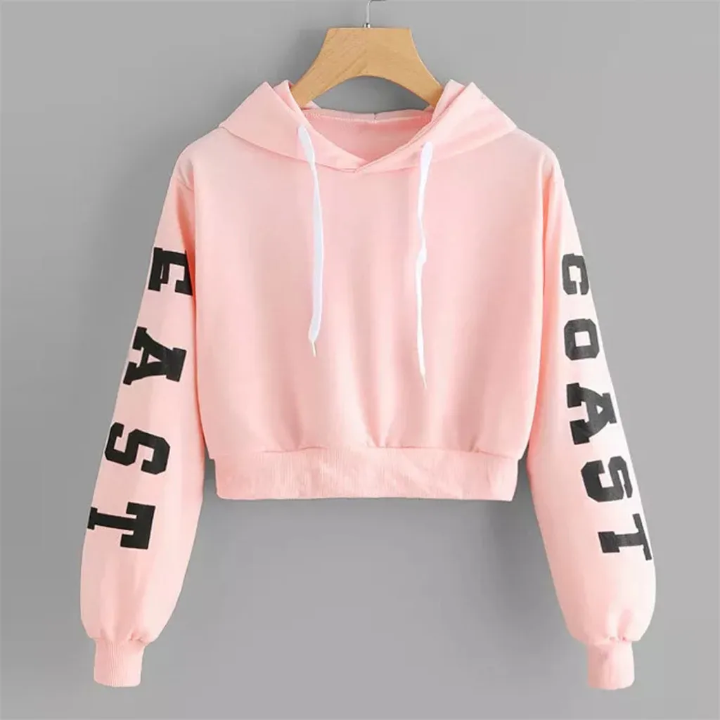 EAST COAST Letter Print Hoodies Women Hooded Sweatshirt Long Sleeve Hoodie 2020 Streetwear Jumper Short Crop Top autumn pullover