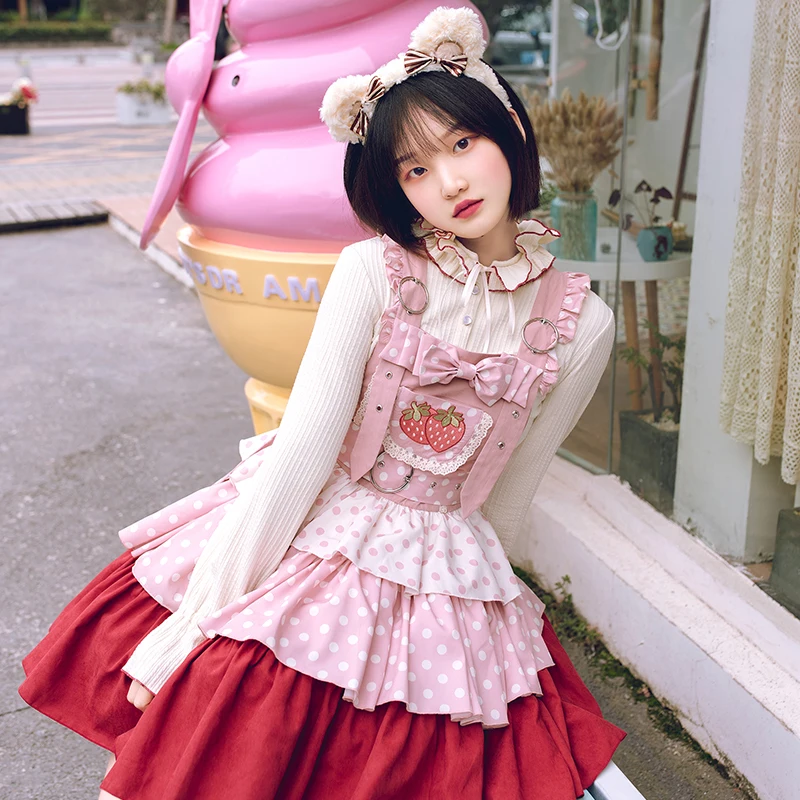 Japanischen süßen mädchen lolita kleid Erdbeere strap kuchen kleid hohe taille viktorianischen kleid kawaii mädchen schöne lolita loli cos