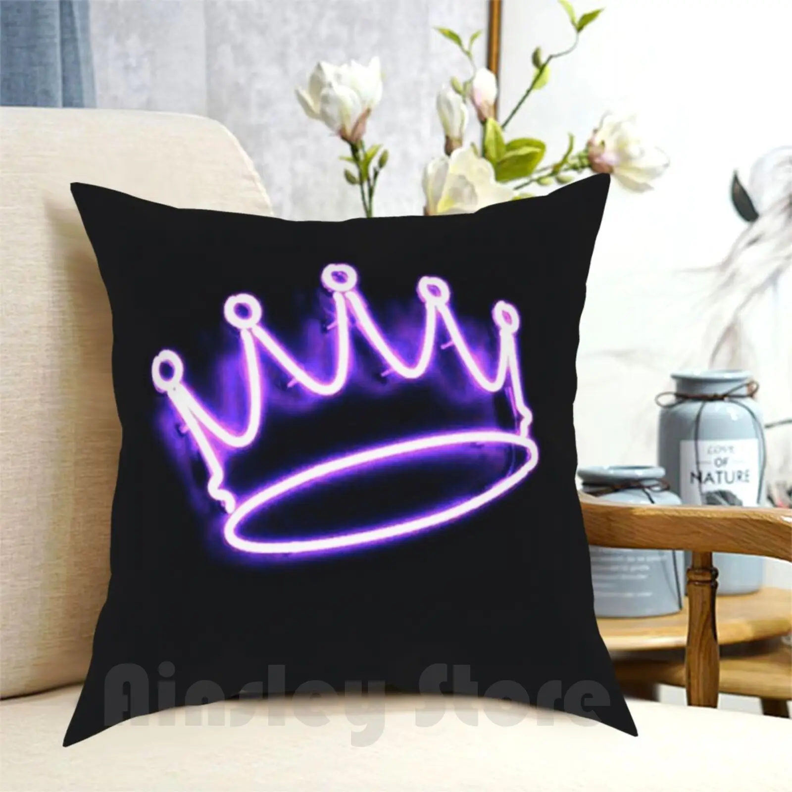 Electric Crown Pillow Case Printed Home Soft Throw Pillow Purple Neon Crown Feminine Girly Black Royalty Graphic Kids