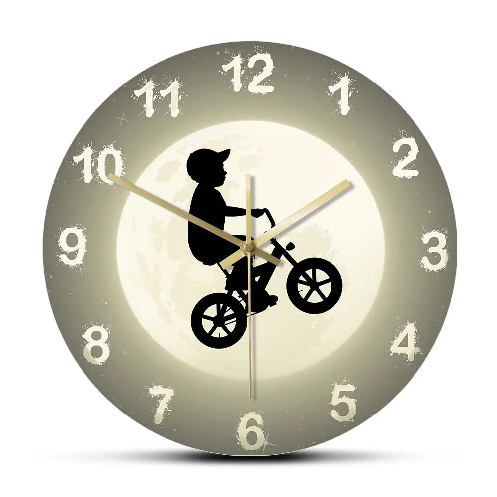 Full Moon In Starry Sky Surreal Design Wall Clock Home Décor Boy On Bike Flight In Dream Wall Art Haning Watch For Kids Room