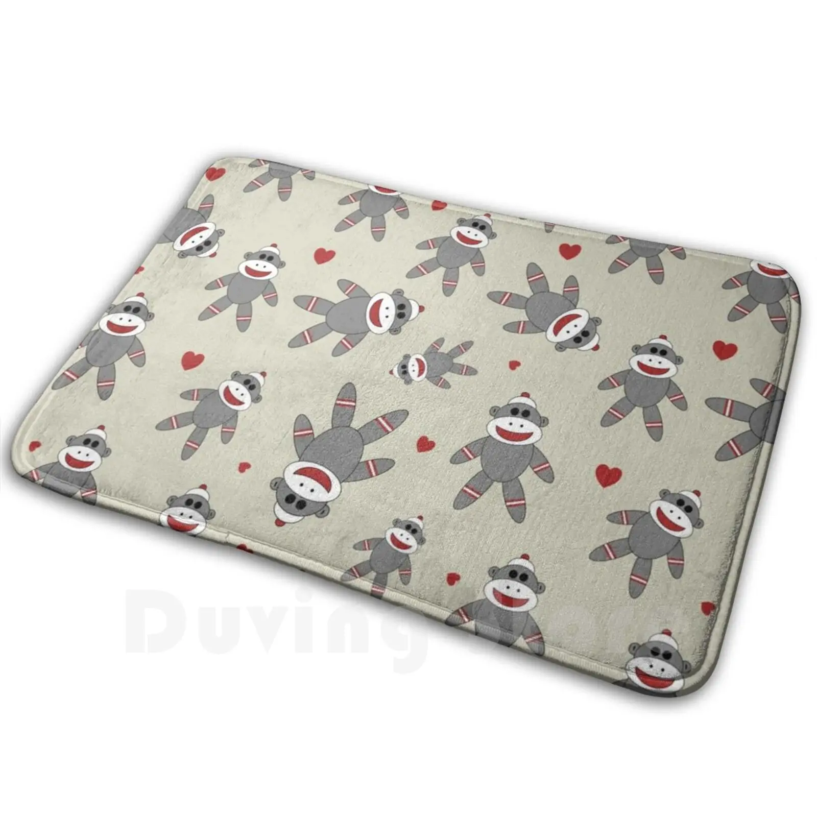 Cute Sock Monkey Carpet Mat Rug Cushion Soft Non-Slip Sock Monkey Cute Toy Stuffie Kids Child Gray Red White Quirky