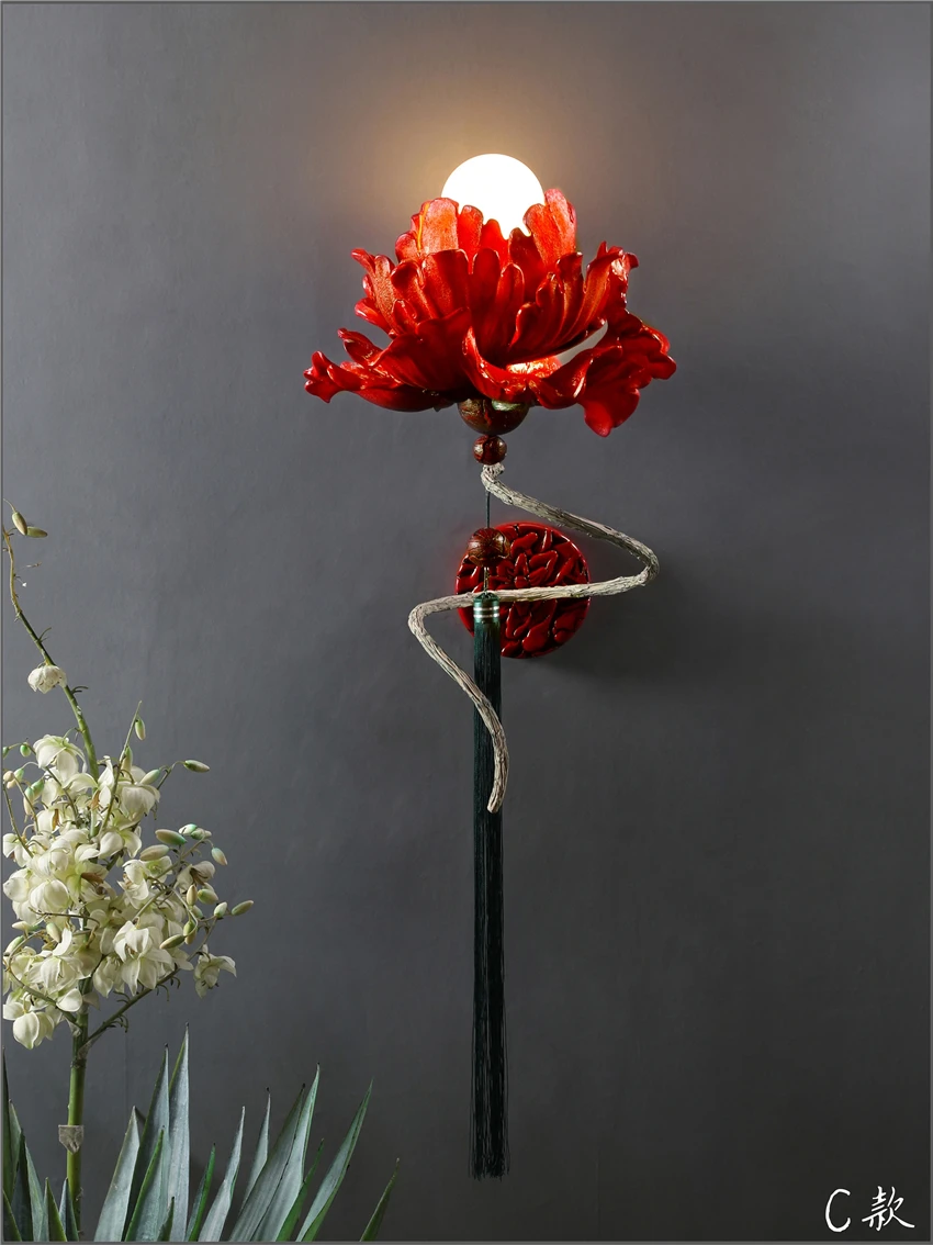 Neoclassical Three-dimensional Flower Wall Lamps Chinese Style Living Room Entrance Hallway Red Art Deco Hand-painted Wall Light