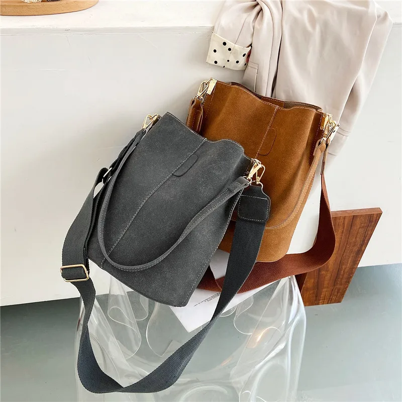 Vintage Nubuck Leather Shoulder Bags For Women Handbag Brand Designer Daily High Capacity Bucket Bag Casaul Crossbody Bags