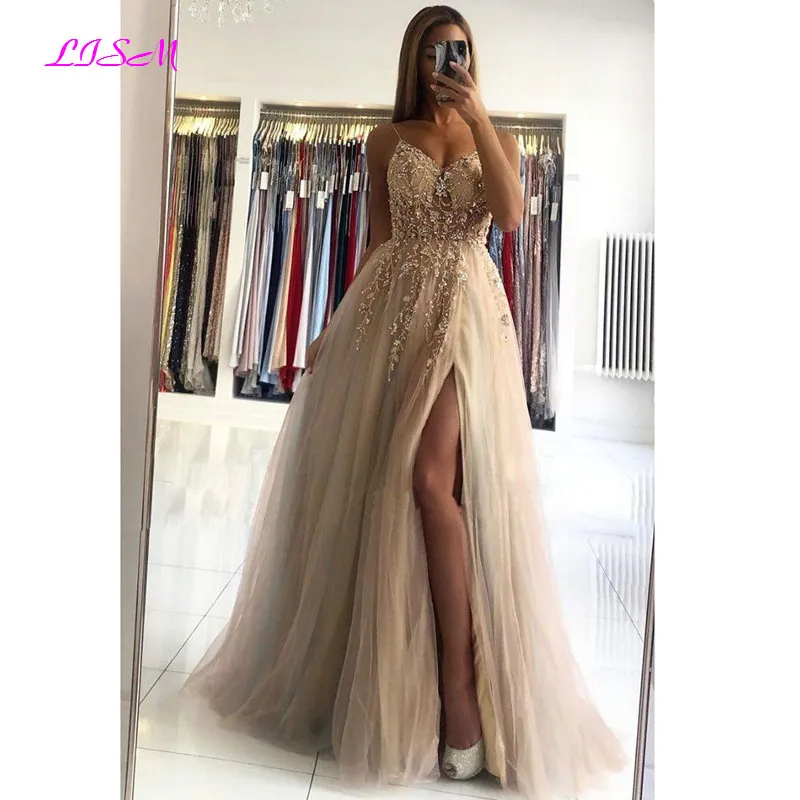 2021 Champagne V-Neck Beaded Long Prom Dresses Elegant Backless Tulle Evening Dress Sexy Side Split Formal Party Gowns