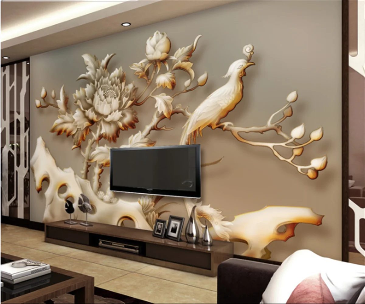 

European and American relief 3D hotel home custom wall covering wallpaper jade carving TV sofa background photo wallpaper mural