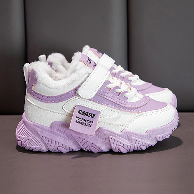 Children Light Running Shoes 2021 Winter Girls Pink Princess Plush Cotton Sneakers Boys Purple Buckle Keep Warm Fashion Shoes