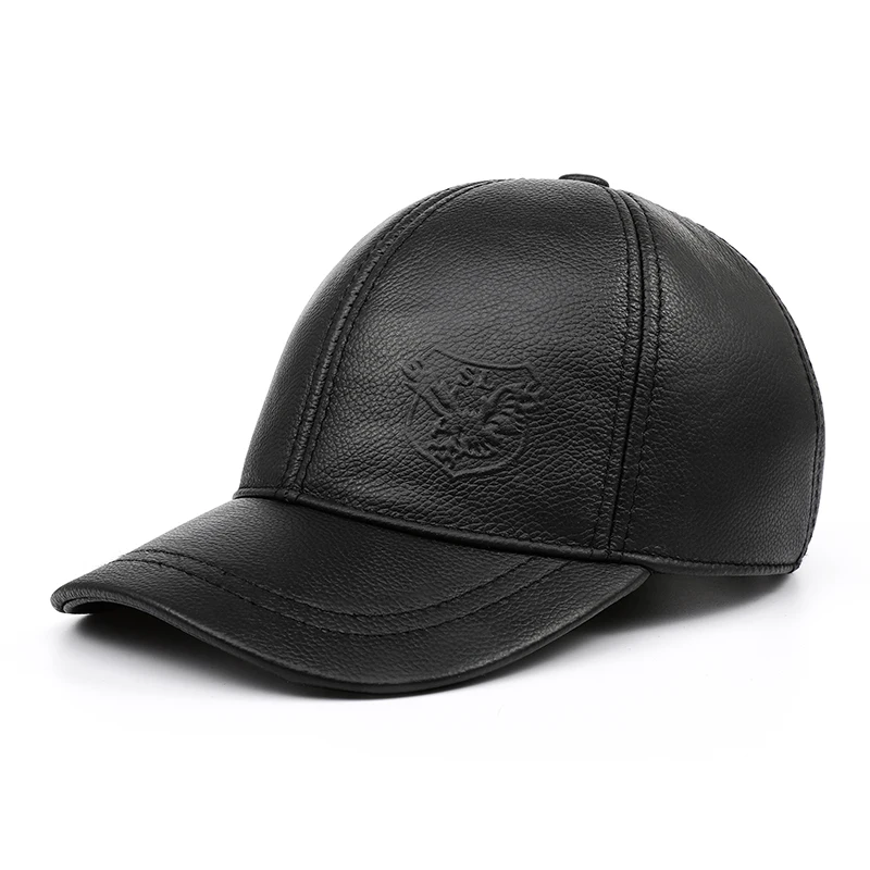 Branded New Mens Genuine Leather Baseball Caps Male Printed Casual Brown/Black Ear Warm Hats With Tab Dad Gift Golf Chapeau