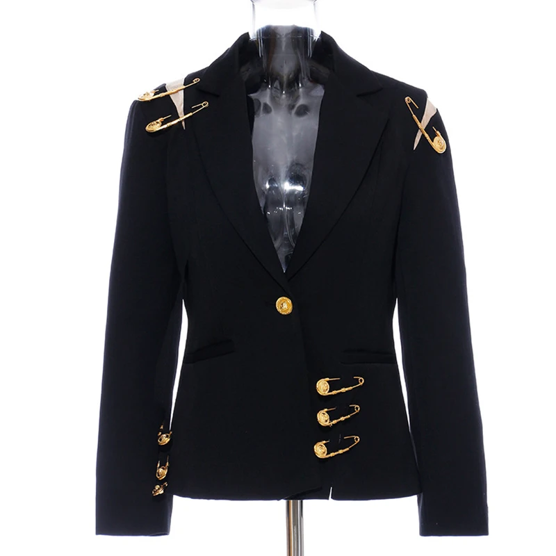 GALCAUR Streetwear Coat For Female Patchwork Metal Pin Buckle Lapel Collar Long Sleeve High Waist Slimming Women\'s Coat New
