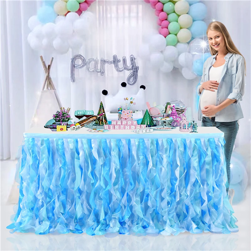 Colorful Blue Curly Willow Ployester Tulle Table Skirt Wedding Ruffled Cake Table Skirting Baby Shower Event Party Decoration