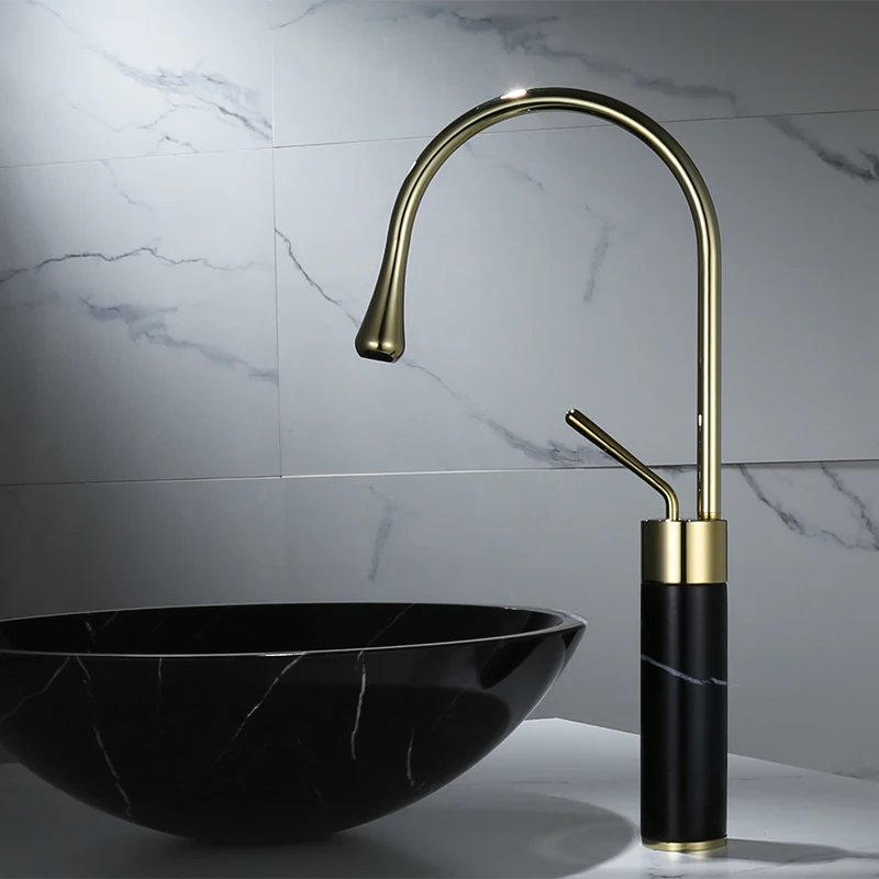 Bathroom Faucet Brushed Gold Basin Faucet  Brass and Marble Sink Mixer Tap Hot  Cold Sink Faucet  Bathroom Lavotory Faucet