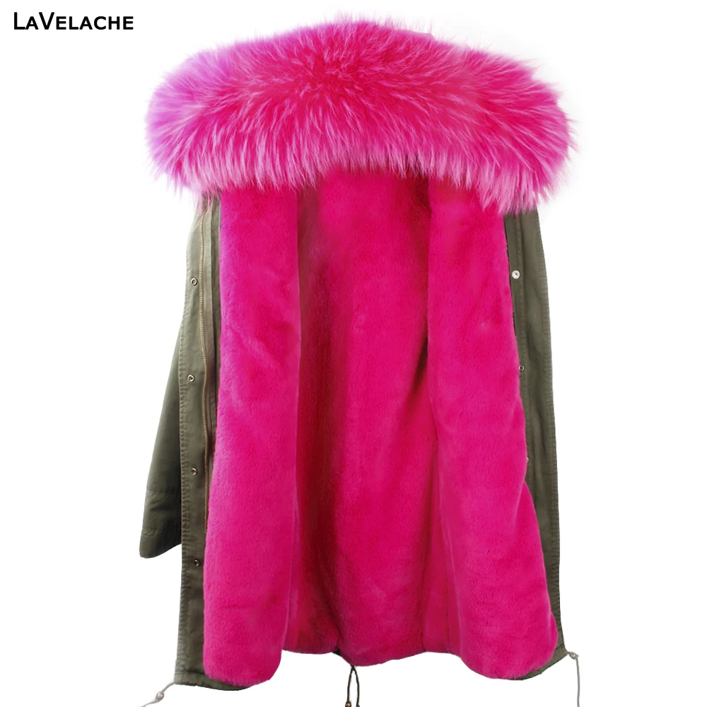 Manteau à capuche en vraie fourrure de raton laveur pour femme, veste d\'hiver, longues poignées, doublure amovible, vert armée, parkas noires,