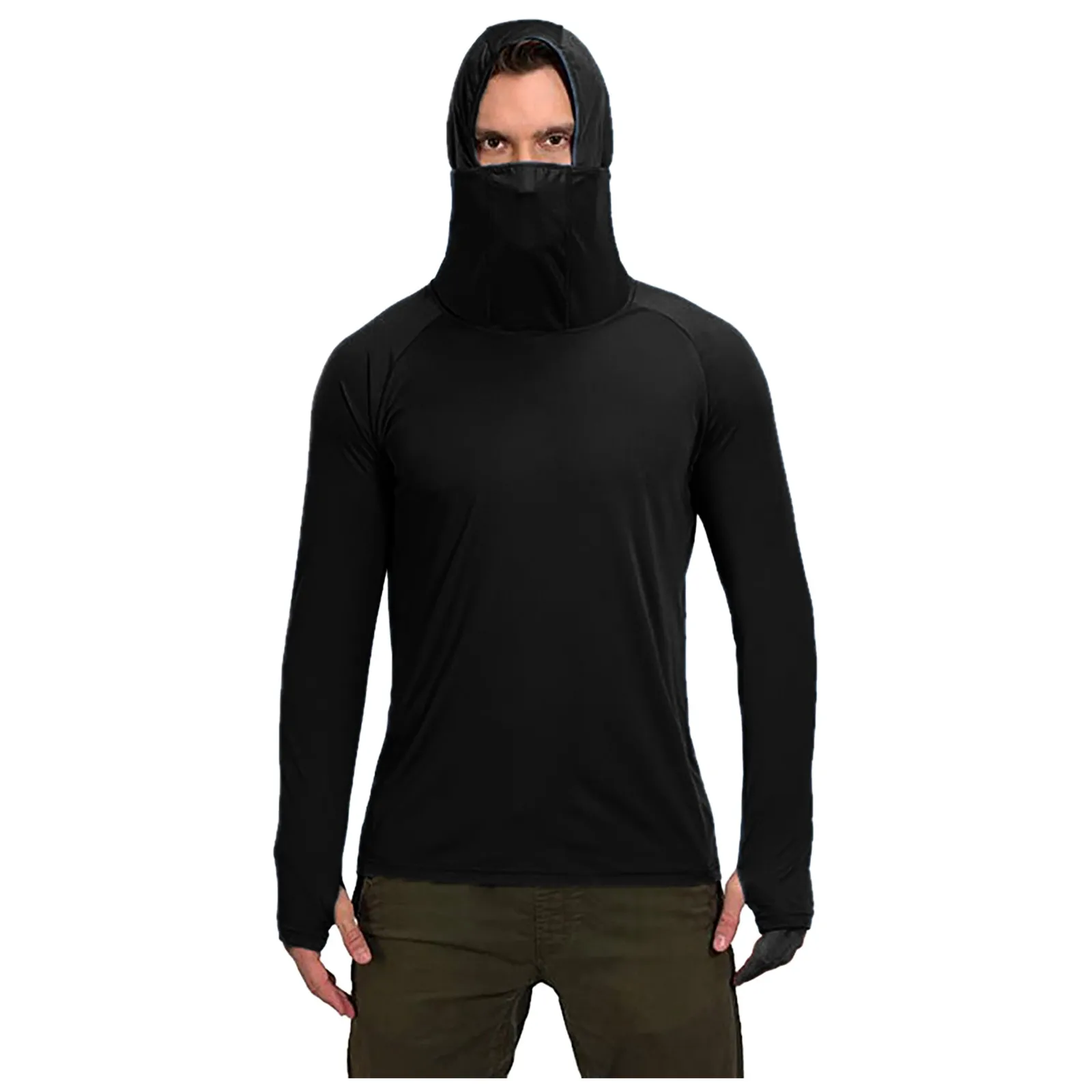 Summer Men Tees Face Mask Sunscreen Fishing Hooded Long Sleeve Tshirts Solid color Workout Male T Shirt Clothing Fitness T-shirt