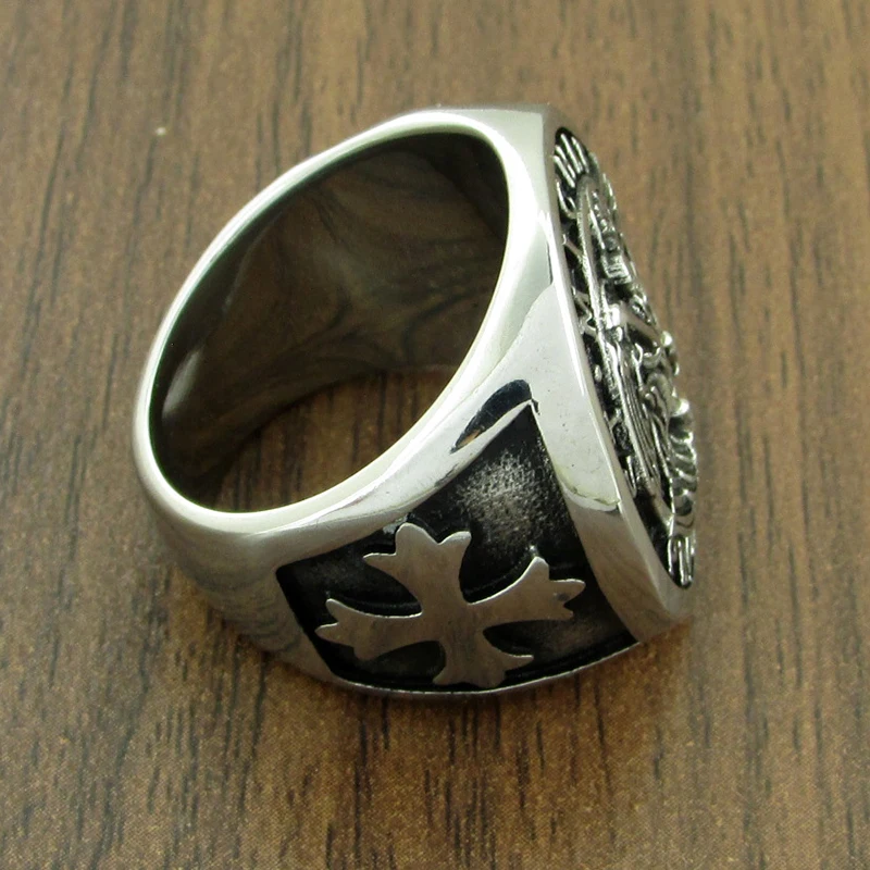 Vintage 316L Stainless Steel Archangel ST.MICHAEL PROTECT US Ring Religious Legend Cross Ring Jewelry