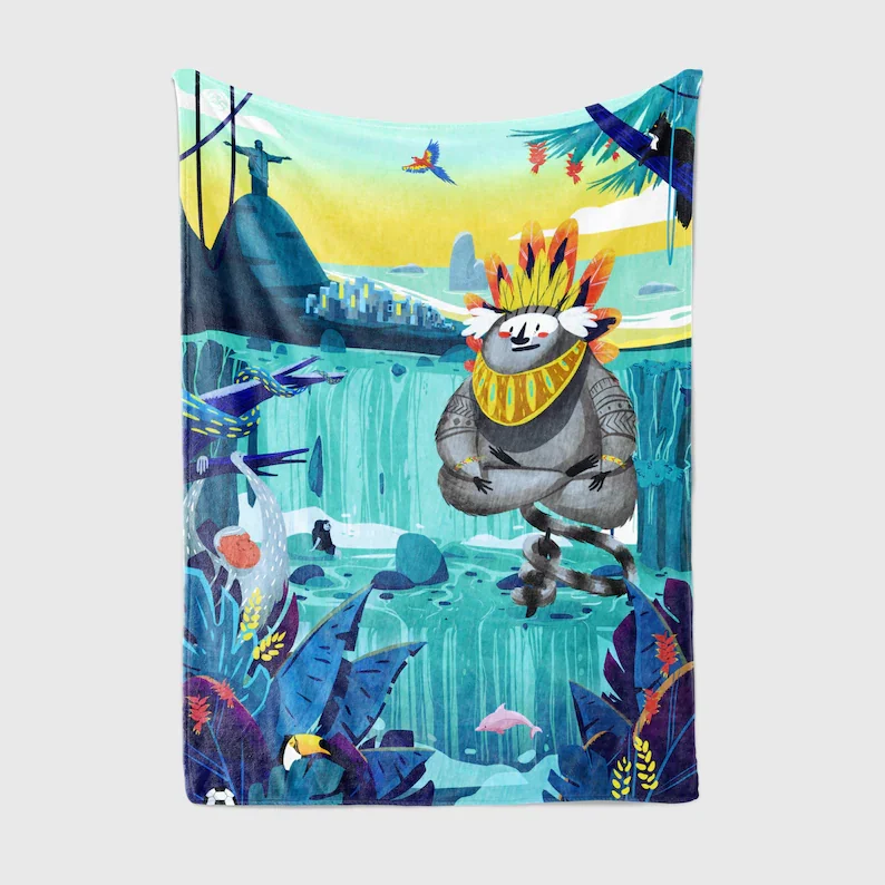 Marmoset Monkey Fleece Throw Rainforest Animals Studio Ghibli Art Miyazaki Jungle Whimsical Waterfall