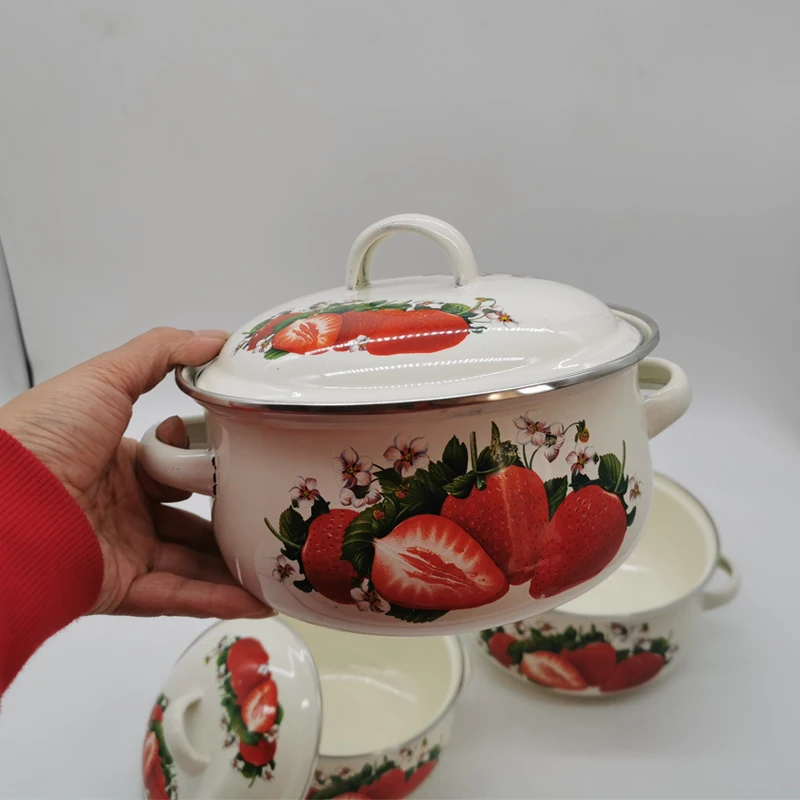 Strawberry Enamel Cookware Set, Stew Pot Set, 16cm, 18cm, 20cm