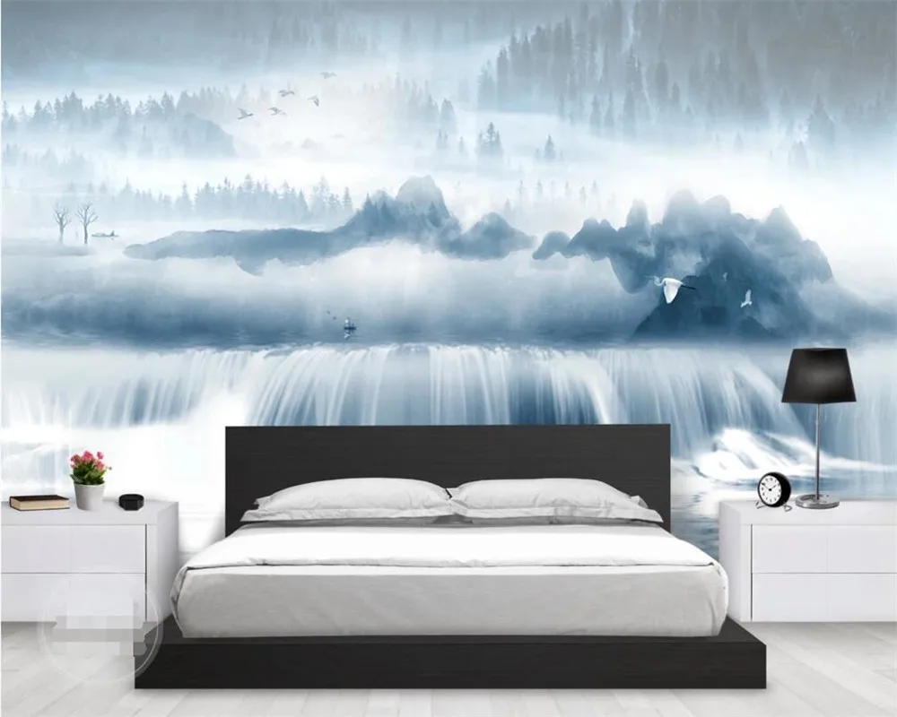 

Custom 3D wallpaper ink landscape forest waterfall flowing water artistic conception background wall bedroom living room mural