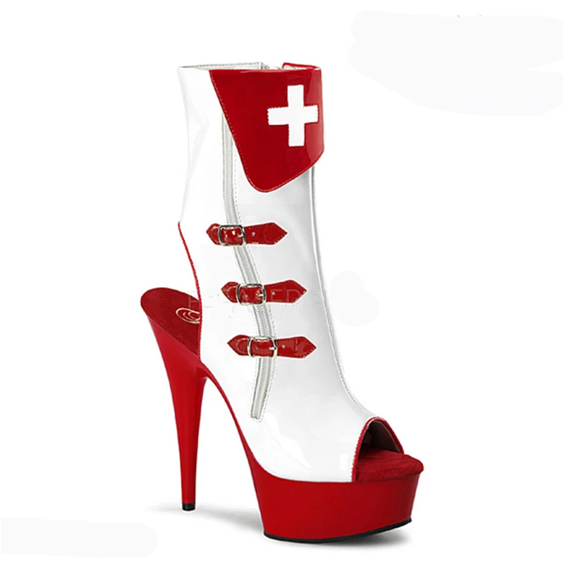 Unique sexy nurse fun color fish mouth exposed with low tube bare boots 15 cm thin with CD oversize female boots