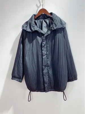 HOT SELLING Miyake fashion Fold turn-down collar long sleeve Single-breasted Drawstring Cotton clothes IN STOCK