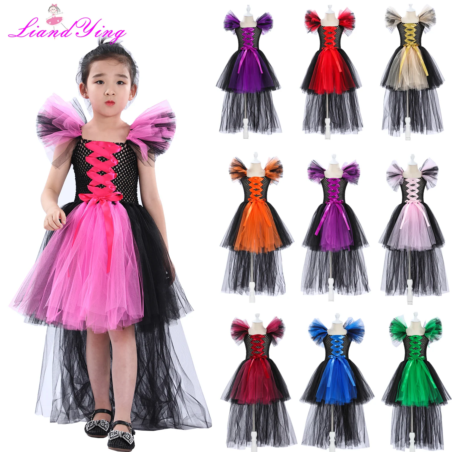 

High Low Witch Tutu Dress for Girls Halloween Costumes for Kids Cosplay Party Dresses Children Trailing Outfits