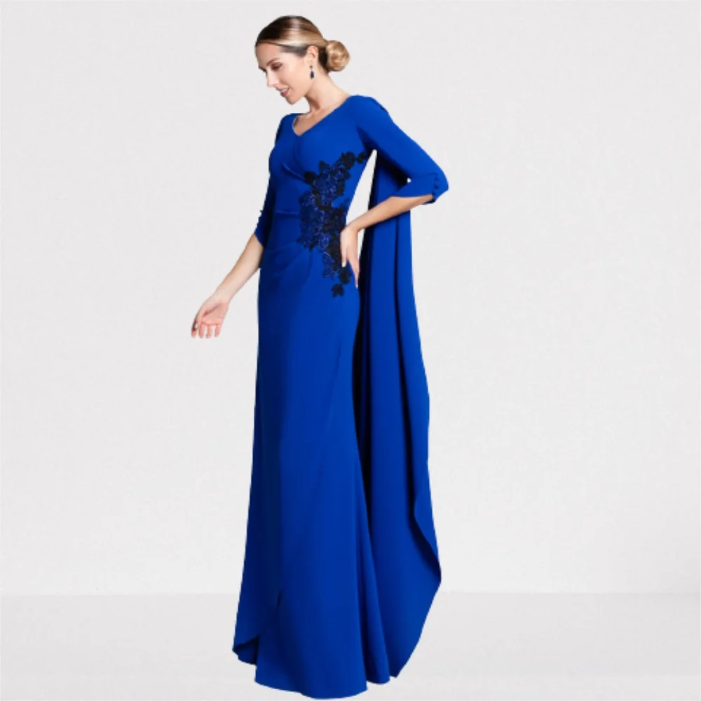 V-Neck Half Sleeve Prom Dresses Royal Blue Elastic Satin Sheath Floor Length Evening Gowns Dress Formal